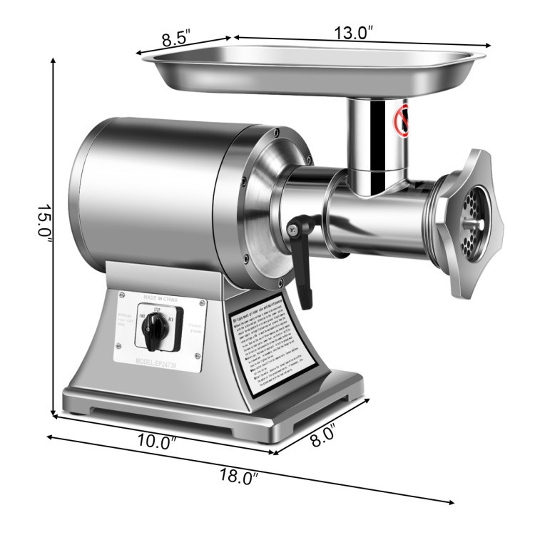 Heavy-duty 1.5HP commercial meat grinder with stainless-steel body, designed for high efficiency and easy cleaning.
