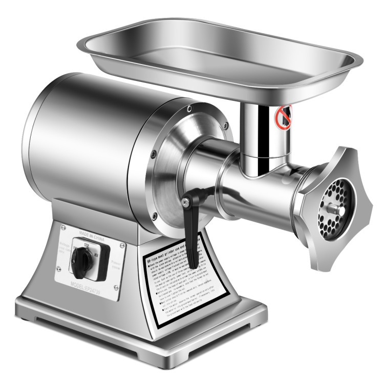Heavy-duty 1.5HP commercial meat grinder in stainless steel, designed for high efficiency and easy cleaning.