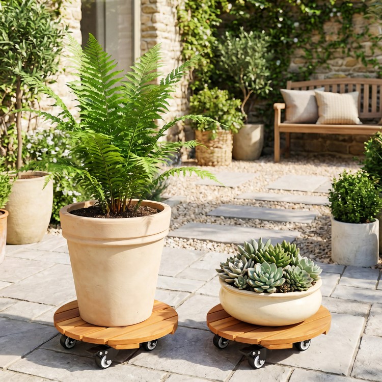 Acacia wood rolling plant stands with 360° lockable casters, perfect for moving heavy pots in your garden.