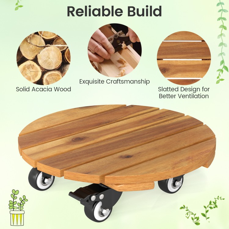 Heavy duty acacia wood rolling plant stand with slatted design and 360° lockable casters for easy mobility and.