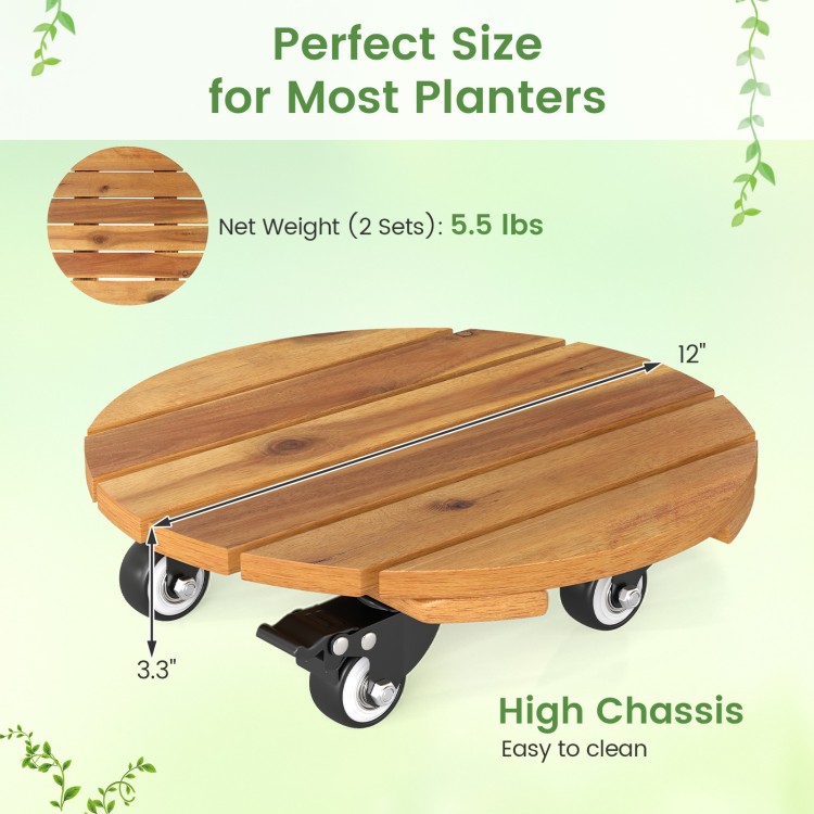 Heavy duty acacia wood rolling plant stand with 360° lockable casters, 12" base for easy mobility and cleaning.