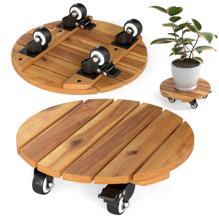 Acacia wood rolling plant stand with 360° lockable casters, designed for stability and easy mobility for heavy pots.