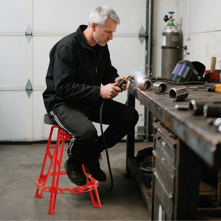 Heavy-duty aluminum garage bar chair in red with a 360° swiveling seat, ideal for workbenches 41"-44" high.