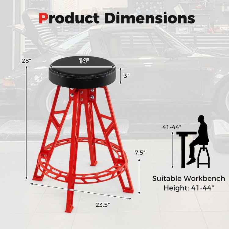 Heavy-duty aluminum garage bar chair in red with 360° swiveling seat, ideal for workbenches 41"-44" high.