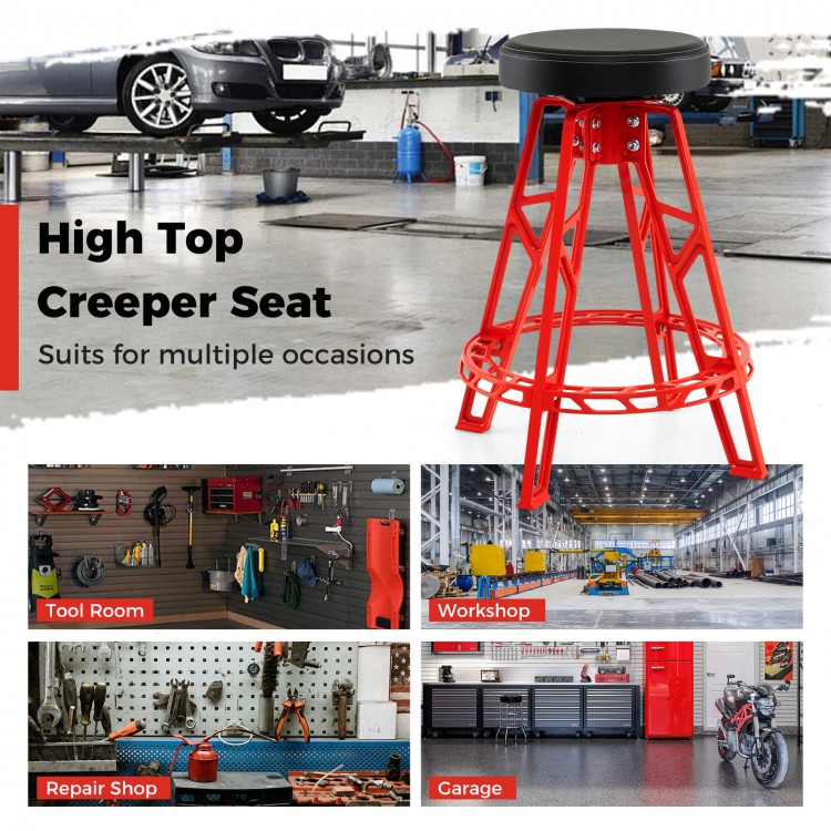 Heavy-duty aluminum garage bar chair in red with a 360° swiveling padded seat, ideal for workshops and garages.