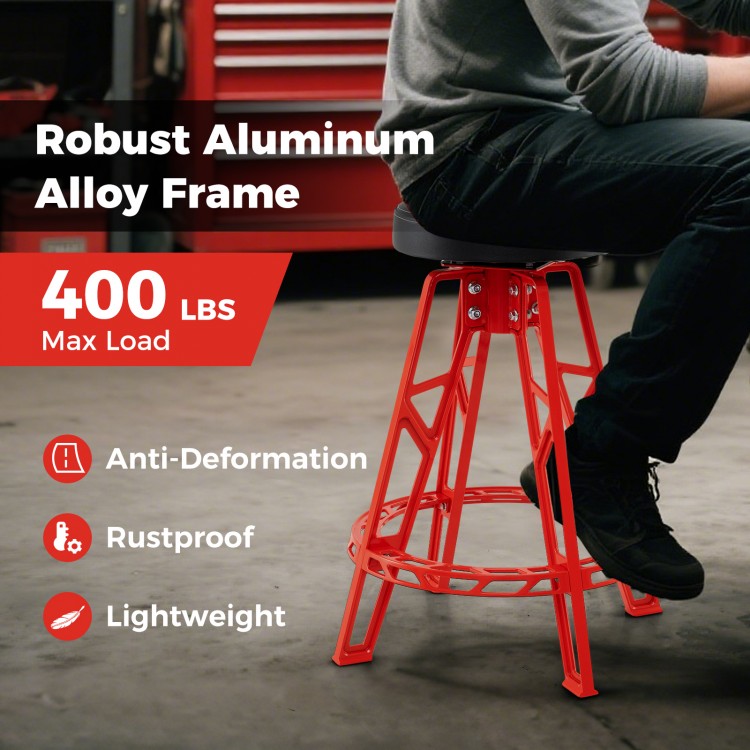 Heavy-duty red aluminum garage bar chair with 360° swiveling seat, rustproof design, ideal for workbenches 41"-44".