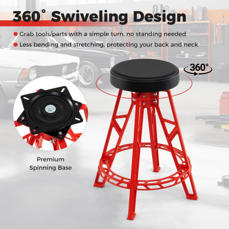 Heavy-duty aluminum garage bar chair in red with a 360° swiveling seat, padded for comfort, ideal for workshops.