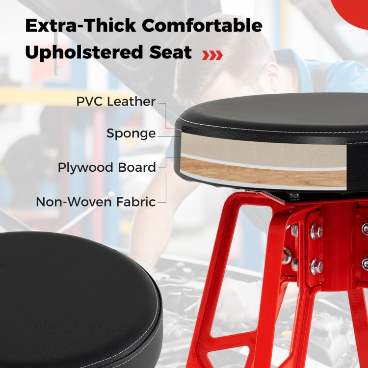 Heavy-duty aluminum garage bar chair with a 360° swiveling padded seat, waterproof PVC leather, and red frame for.
