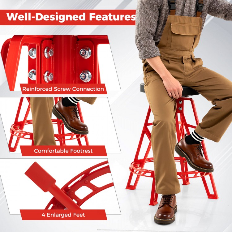 Heavy-duty aluminum garage bar chair in red with a 360° swiveling seat, reinforced screw connection, and comfortable.