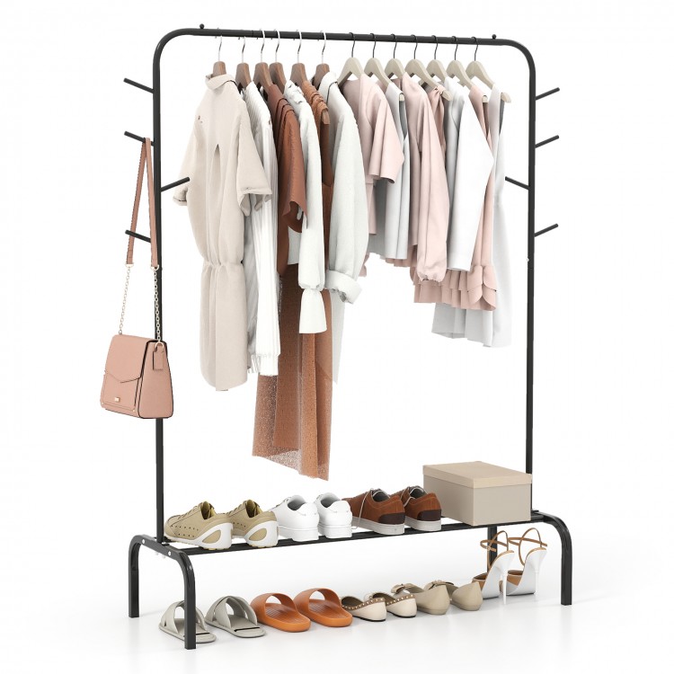 Heavy duty black metal garment rack with hanging clothes, side hooks, and shoes on the bottom shelf for versatile.