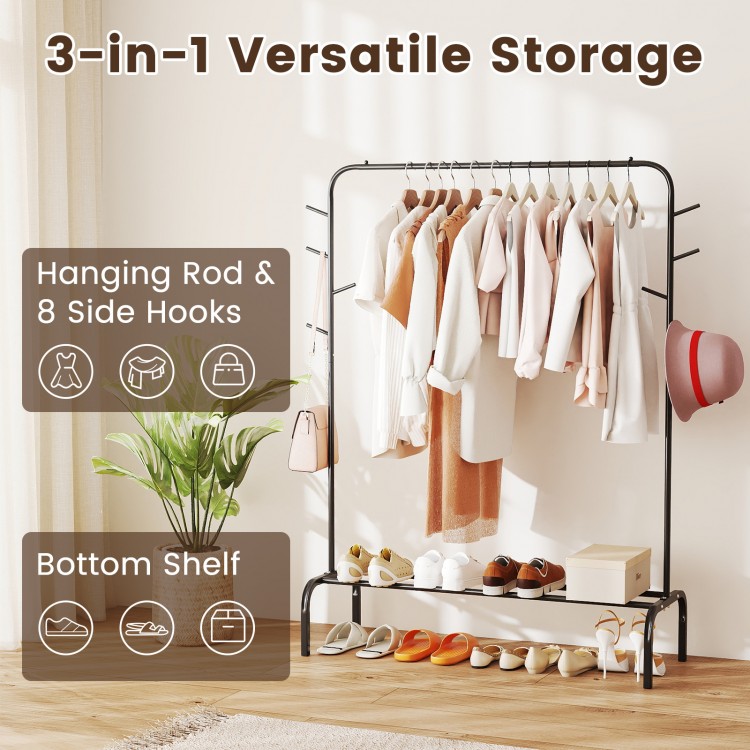Heavy duty 50-inch black metal garment rack with hanging rod, side hooks, and bottom shelf for versatile storage.