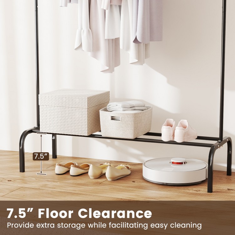 Heavy duty black metal garment rack with 7.5" floor clearance, featuring a bottom shelf for extra storage and easy.