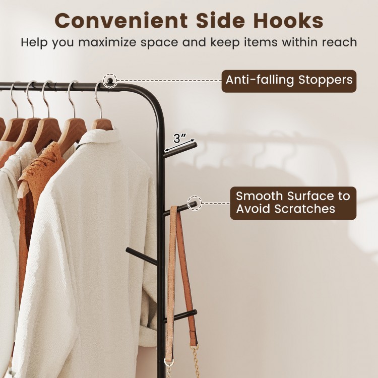 Side hooks of the black heavy-duty clothes rack with anti-falling stoppers, designed to maximize storage and avoid.