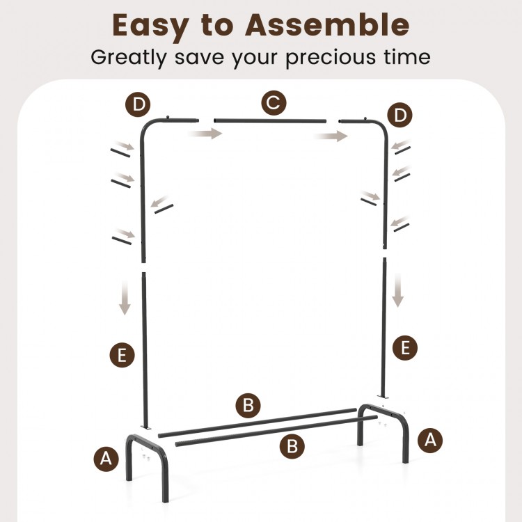 Heavy duty 50-inch wide black metal garment rack with easy assembly features, side hooks, and sturdy U-shaped legs.