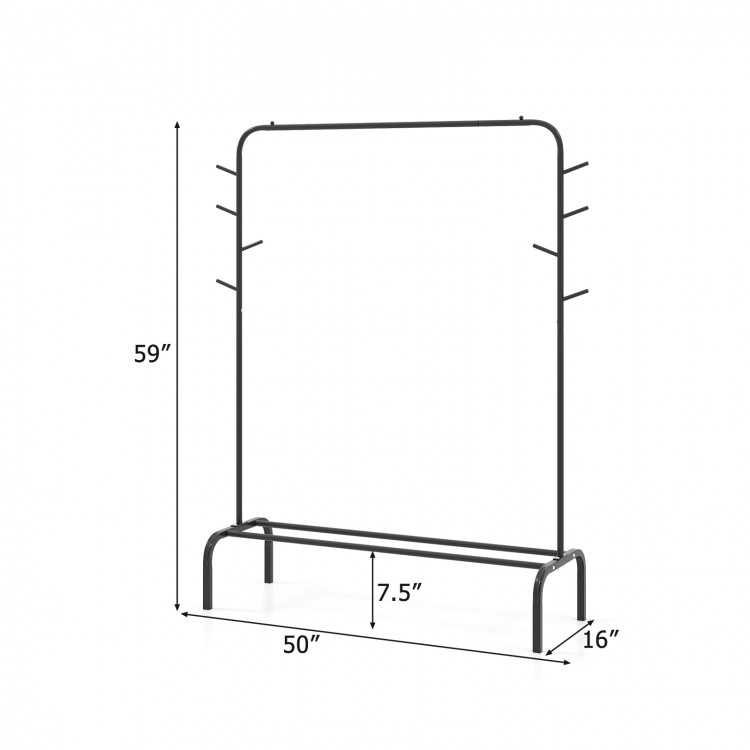 Heavy duty black metal garment rack with 8 side hooks and bottom shelf, ideal for bedroom or laundry room storage.