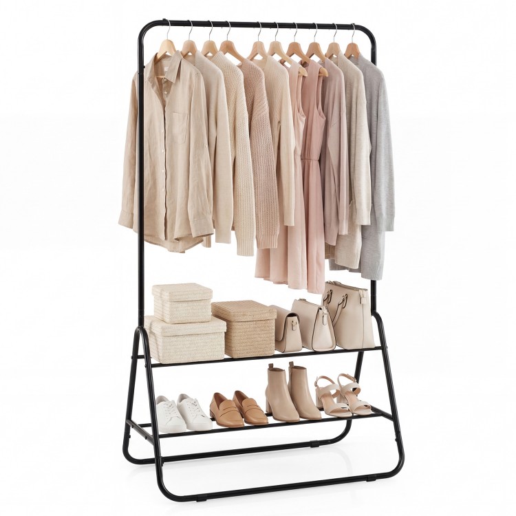 Heavy duty black clothes rack with hanging rod, two storage shelves, and stylish clothing display for organized storage.