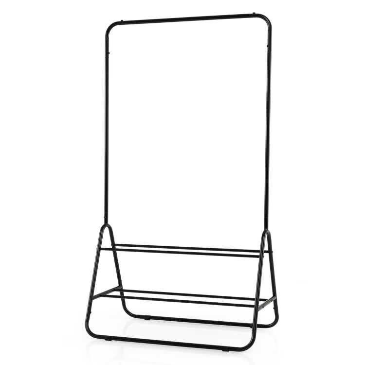 Heavy duty black clothes rack with hanging rod and two storage shelves, ideal for organizing dresses and accessories.