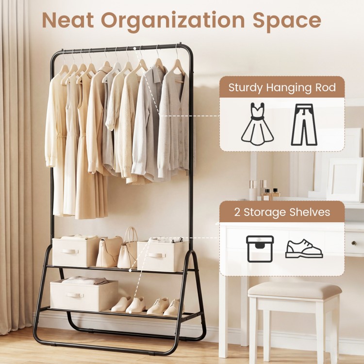 Heavy duty black clothes rack with a sturdy hanging rod and two storage shelves, ideal for organizing dresses and shoes.