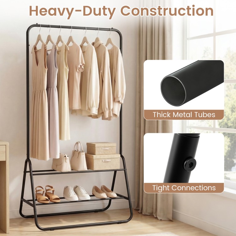 Heavy duty black clothes rack with hanging rod, two storage shelves, and thick metal tubes for stability and longevity.