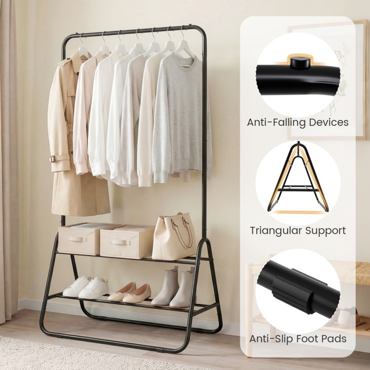 Heavy duty black clothes rack with hanging rod and two storage shelves, featuring anti-fall devices for stability.