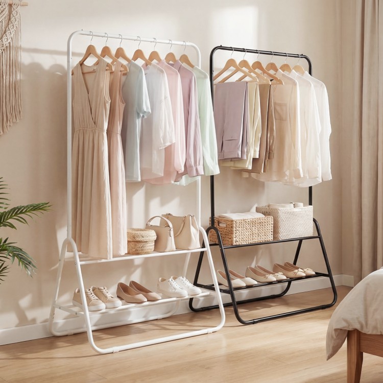 Heavy duty black clothes rack with hanging rod and two storage shelves for organizing clothing and accessories.