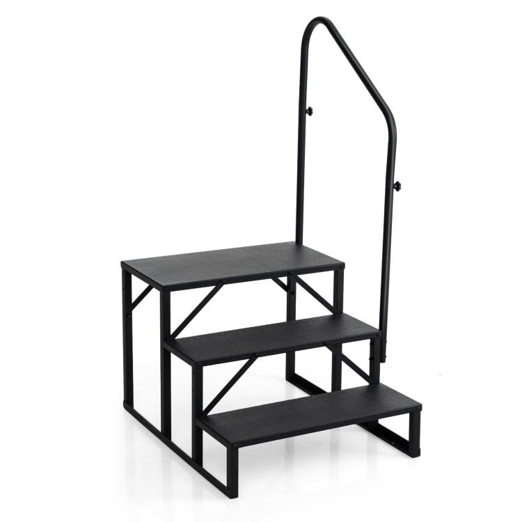 Heavy duty black hot tub stair with wide anti-slip platforms and customizable handrail for secure access.