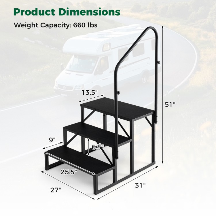 Heavy duty black hot tub stair with wide anti-slip platforms and customizable handrail, suitable for RVs and porches.