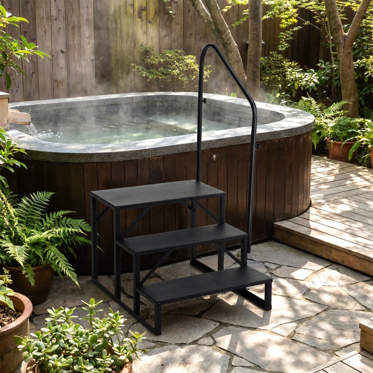 Heavy duty black hot tub stairs with wide anti-slip platforms, designed for secure access and versatility in outdoor.