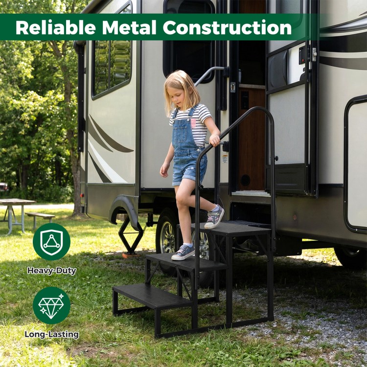 Heavy-duty black metal stairs with wide anti-slip platforms, designed for RVs and hot tubs, ensuring secure access.