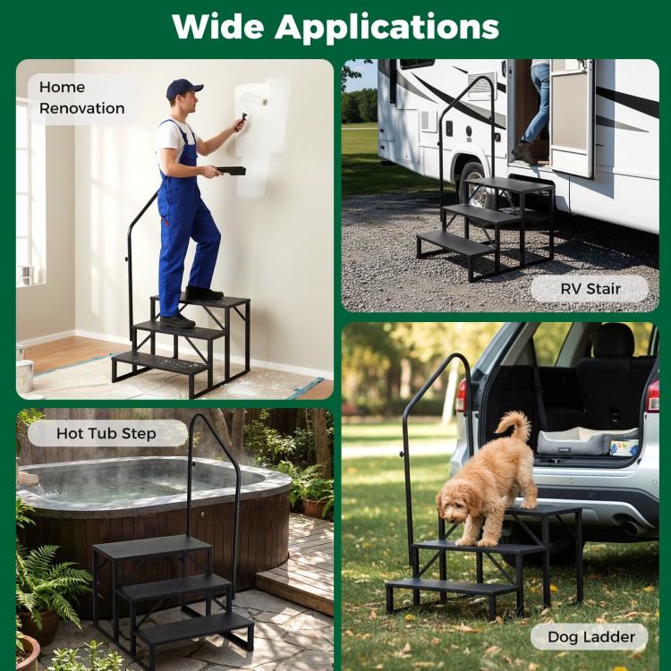 Heavy duty black hot tub stair with wide anti-slip platform and customizable handrail for secure outdoor use.