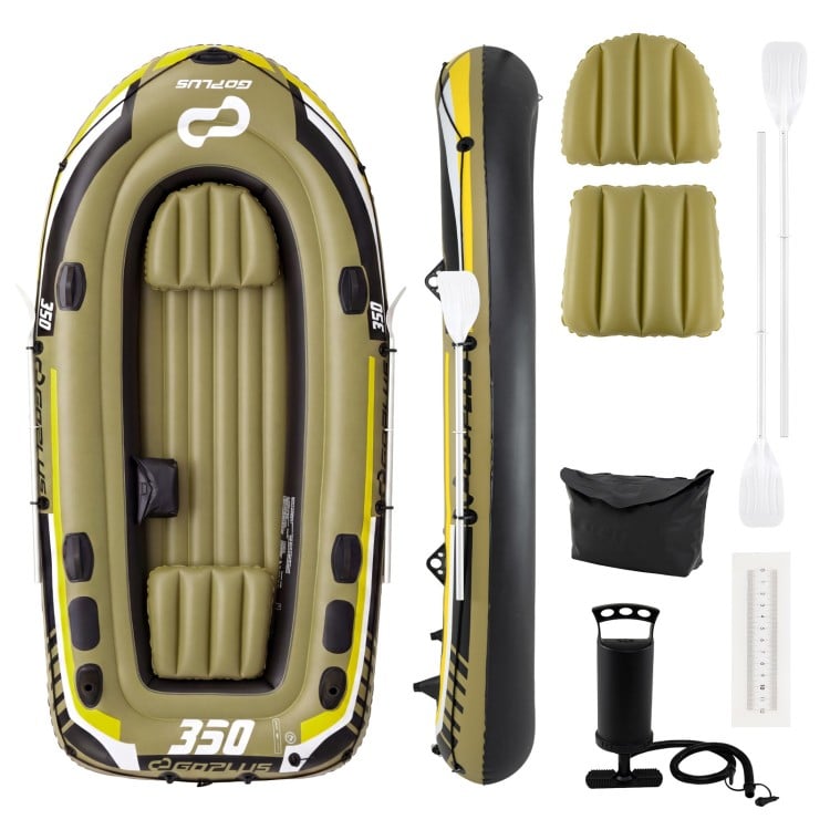Heavy-duty inflatable boat set for 4-person fishing, featuring green PVC material, I-beam support, and storage pouch.