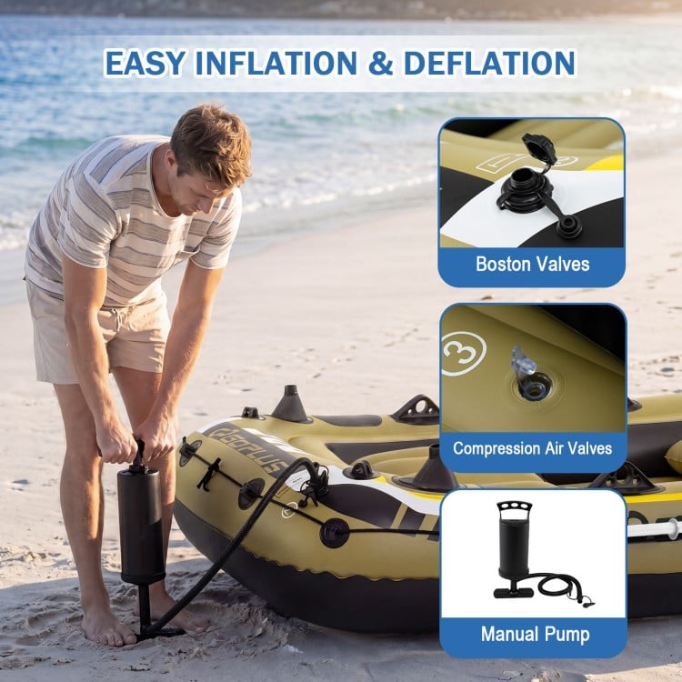Heavy-duty inflatable boat with Boston valves for easy inflation, ideal for 4-person fishing trips and family outings.