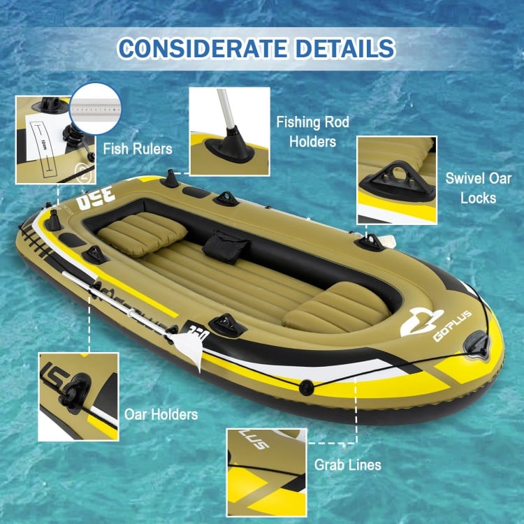 Heavy-duty inflatable boat with fishing rod holders, oar locks, and grab lines for easy boarding and transport.
