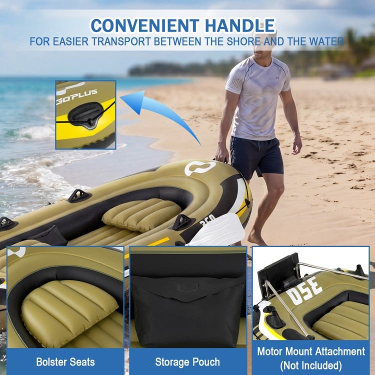 Heavy-duty inflatable boat with bolster seats, storage pouch, and convenient handle for easy transport to water.