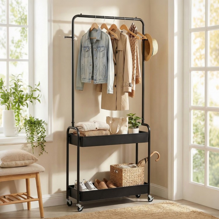 Heavy-duty black laundry cart with hanging rod, two storage baskets, and wheels for easy movement in bedrooms.