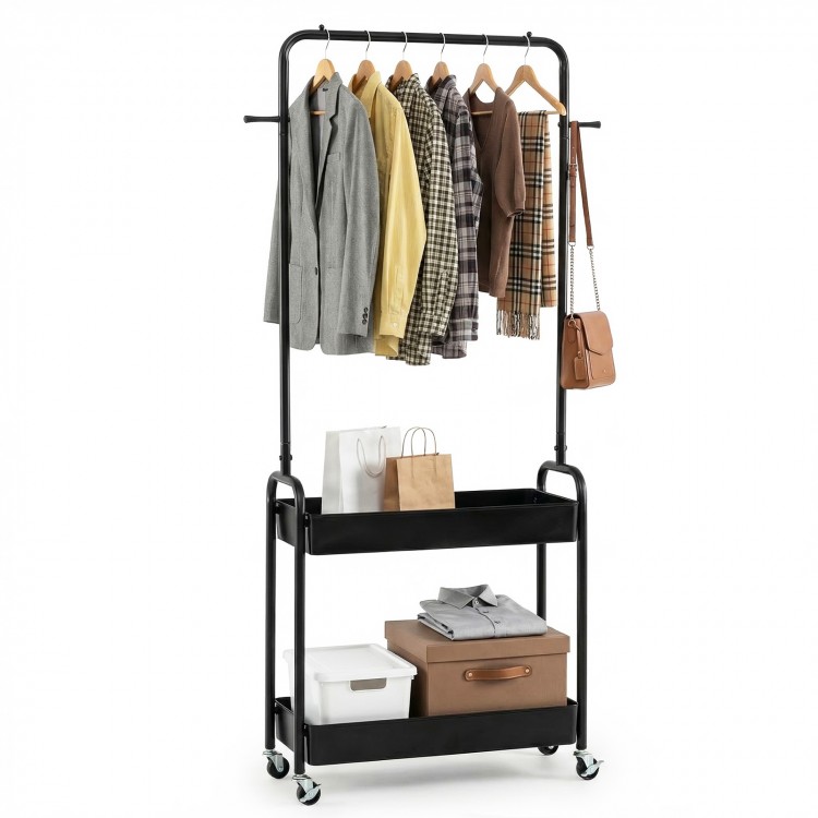 Heavy-duty black laundry cart with hanging rod and two storage baskets, ideal for organizing clothes and accessories.