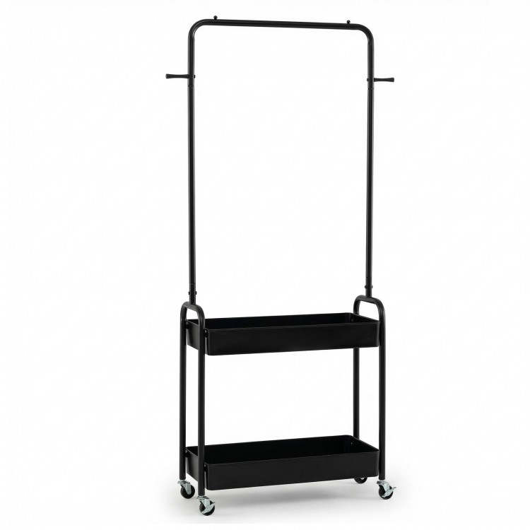 Heavy-duty black laundry cart with hanging rod and two storage baskets, featuring wheels for easy movement and.