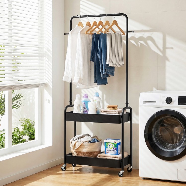 Heavy-duty black laundry cart with hanging rod and two storage baskets, ideal for organizing bedroom or laundry room.