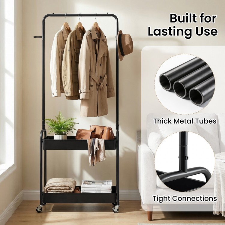Heavy-duty black laundry cart featuring thick metal tubes and a hanging rod, perfect for stylish organization in any.