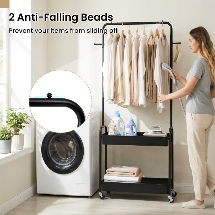 Heavy-duty black laundry cart with hanging rod, 2 storage baskets, and anti-falling beads for secure organization.