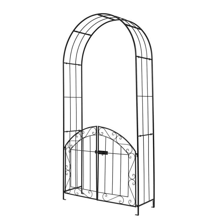 Heavy-duty black metal garden arch with gate, designed for climbing plants and outdoor events, featuring a classic arch.