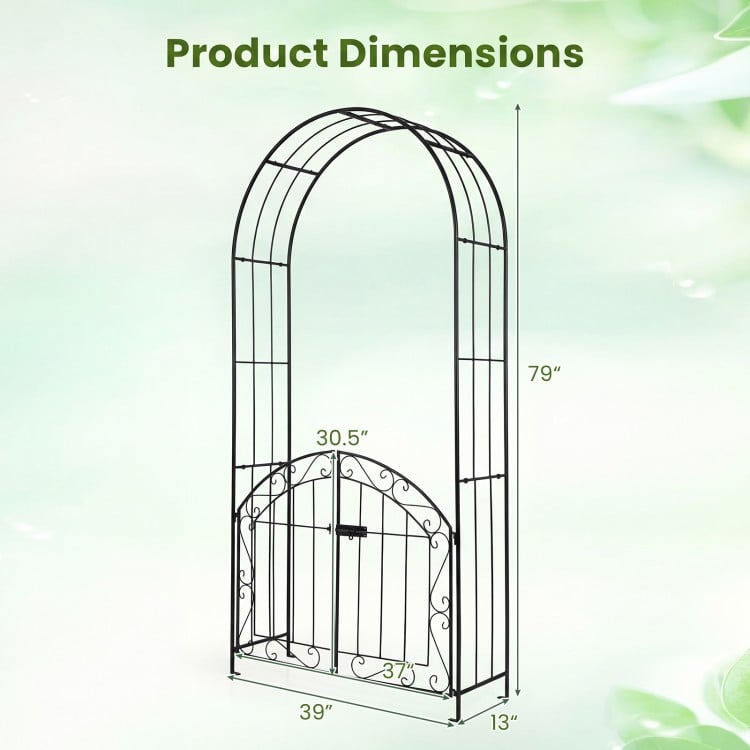 Heavy-duty black metal garden arch with gate, measuring 79" high and 39" wide, ideal for supporting climbing plants.