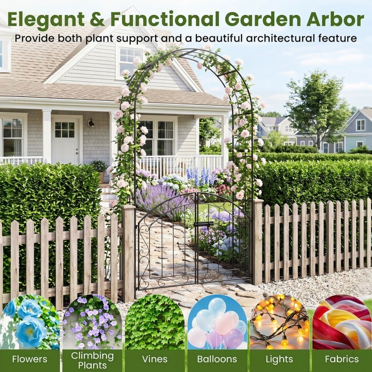Heavy-duty black metal garden arch with gate, perfect for supporting climbing plants and enhancing outdoor spaces.
