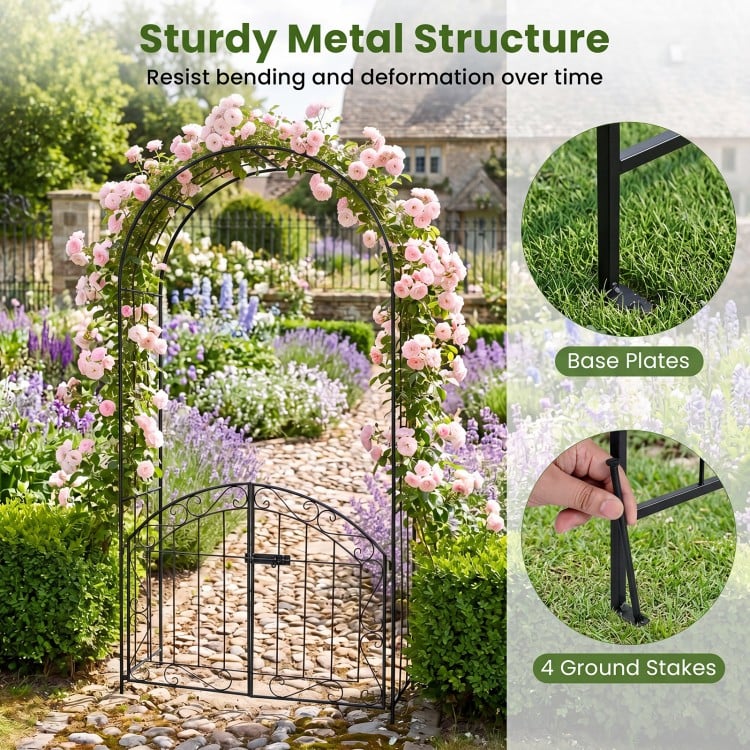 Heavy-duty black metal garden arch with gate, featuring a classic design and stability from 4 ground stakes for outdoor.