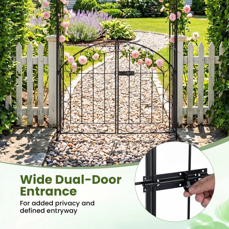 Wide dual-door entrance of the heavy-duty black metal garden arch, featuring a lockable gate for privacy and stability.