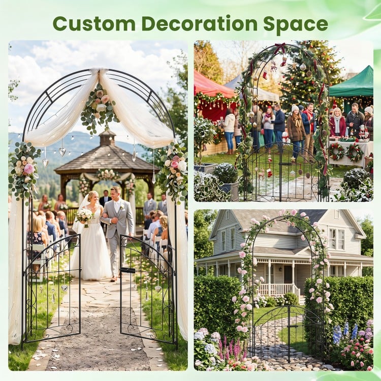 Heavy-duty black metal garden arch with gate, featuring a classic design for weddings and outdoor events.