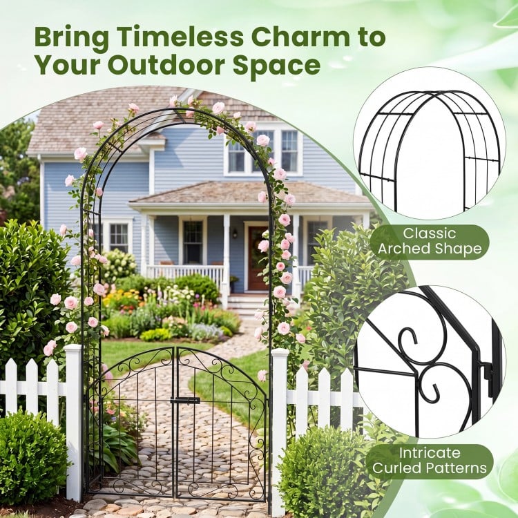Heavy-duty black metal garden arch with gate, featuring classic arched shape and intricate curled patterns for outdoor.