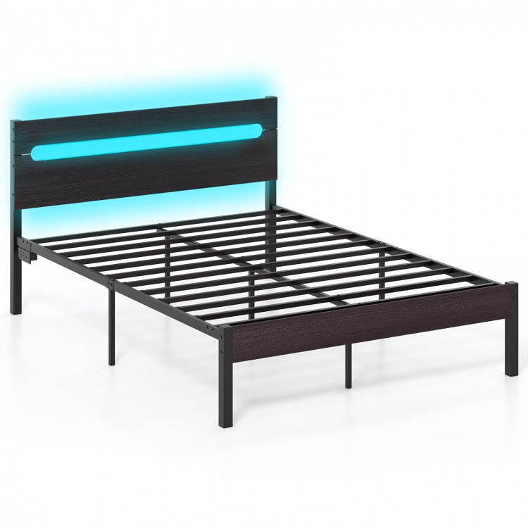 Heavy-duty metal bed platform with adjustable color lighting, built-in charging station, and 12.5 inches of under-bed.