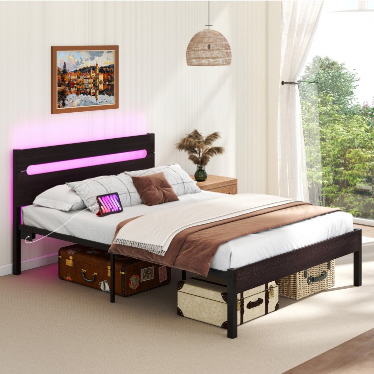Heavy-duty metal slats bed platform in walnut finish with built-in charging station and adjustable LED lighting for.