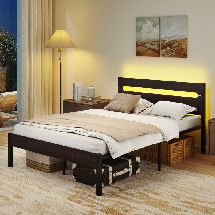 Heavy-duty metal slats support bed platform in walnut with built-in charging station and adjustable LED lighting for.